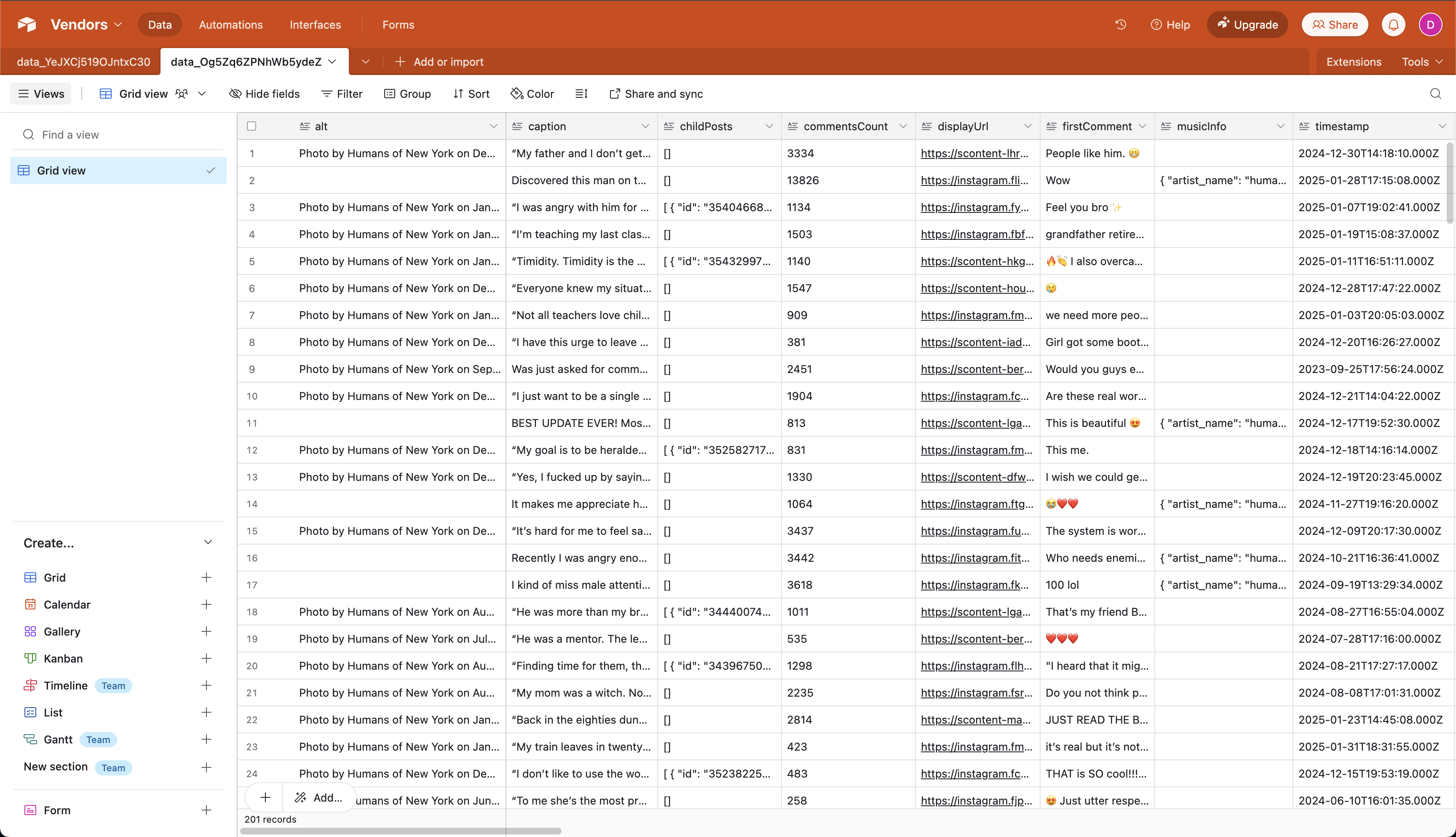 Airtable table filled with data